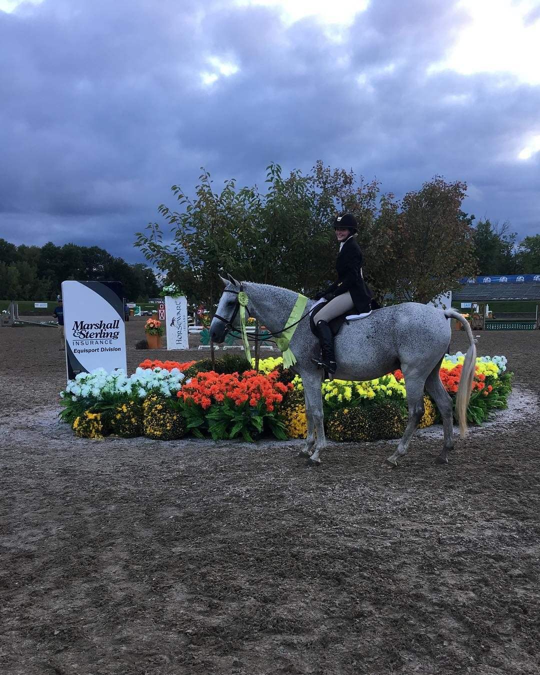A grey horse and rider competing in the hunter ring