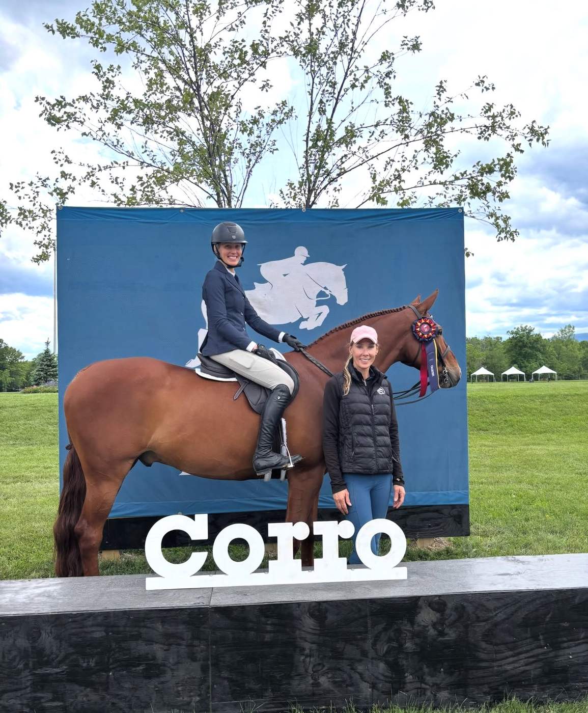 A rider with her bay horse after a class