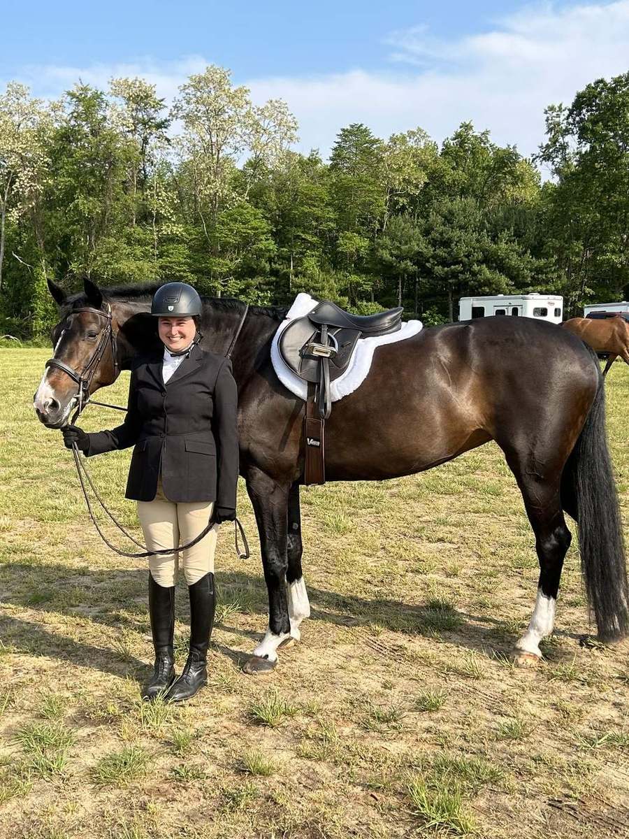 A rider with her champion bay in the field